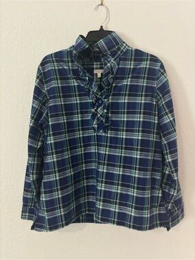 Talbots Navy and Green Plaid Ruffle-Front Blouse